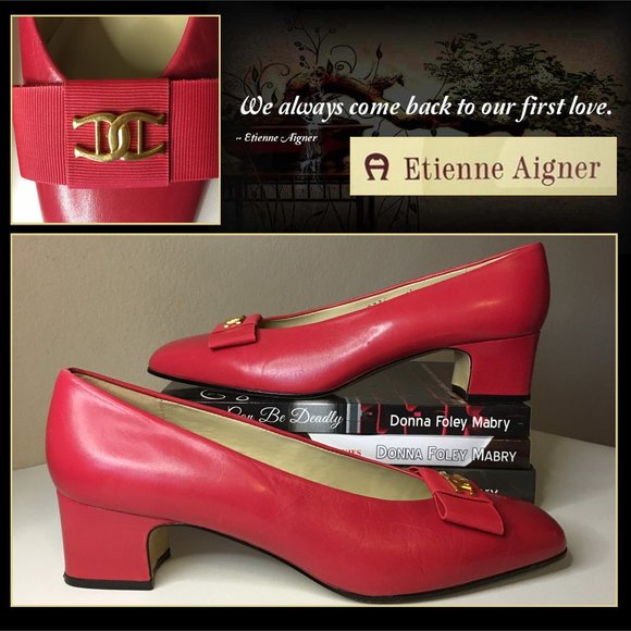 Etienne Aigner Shoes - 1980s ETIENNE AIGNER Red Leather "Fiesta" Block Heel Pumps